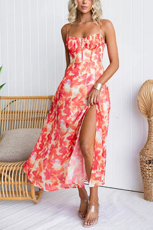 Sunset Watercolor Tie Back Slit Maxi Cami Dress