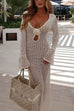 Rebadress V Neck Long Sleeves Backless Crochet Hollow Out Knit Maxi Dress