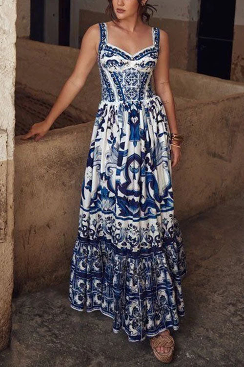 Rebadress V Neck Waisted Floral Print Swing Maxi Cami Dress