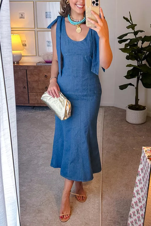 U Neck Bow Shoulder Back Zip Up Denim Midi Dress