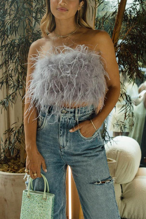 Rebadress Strapless Faux Feather Crop Top