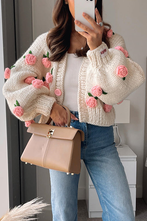 Rebadress Button Down Flower Applique Sweater Cardigan