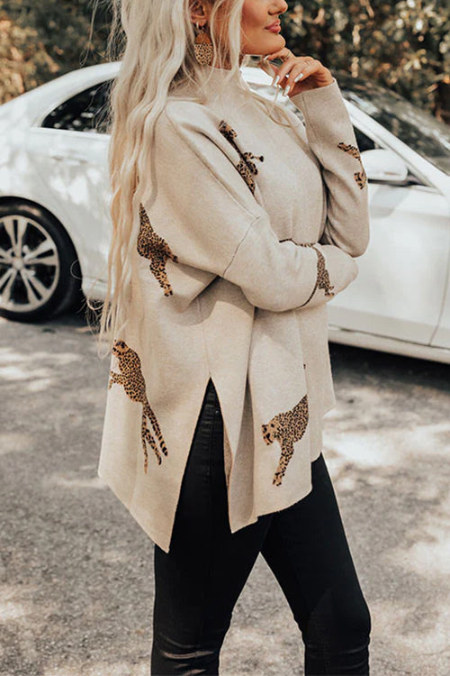 Rebadress High Neck Side Slit Cheetah Pattern Sweater