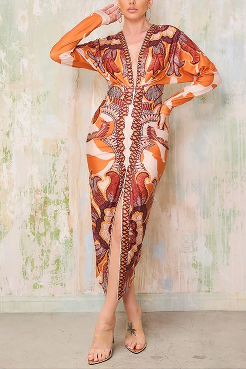 Rebadress V Neck Long Sleeves Ruched Slit Printed Midi Dress