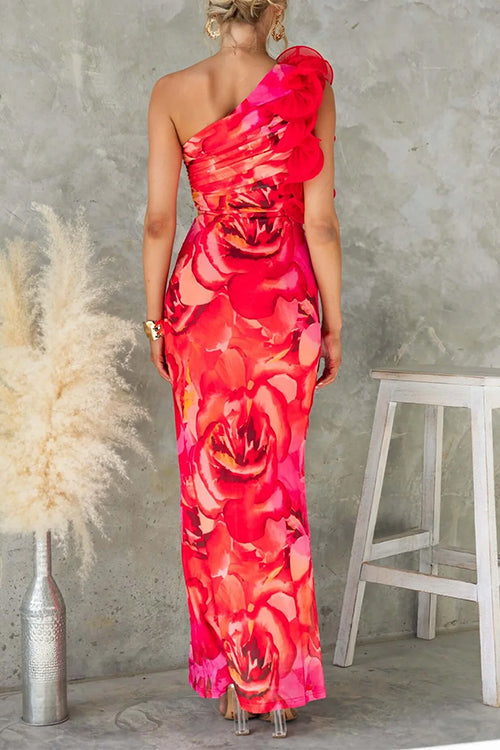 Rebadress Ruffle One Shoulder Floral Print Bodycon Maxi Dress