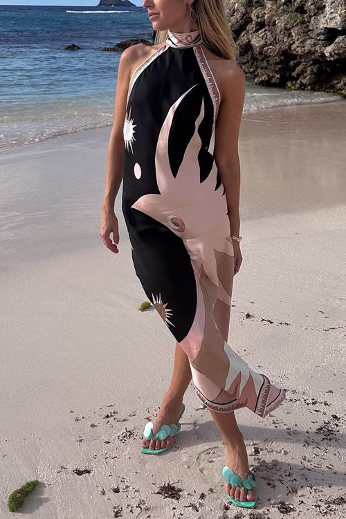 Rebadress Halter Neck Open Back Asymmetric Hem Printed Satin Midi Dress