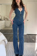 Rebadress Zip Up Sleeveless Heart Back Bell Bottom Denim Jumpsuit