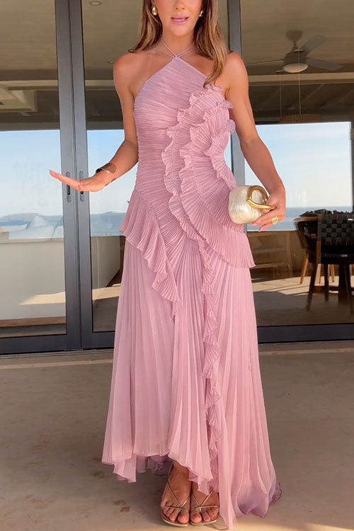 Rebadress Strappy Halter Neck Ruffle Trim Asymmetric Hem Pleated Maxi Dress