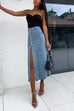 Rebadress Button Down Slit Midi Denim Skirt