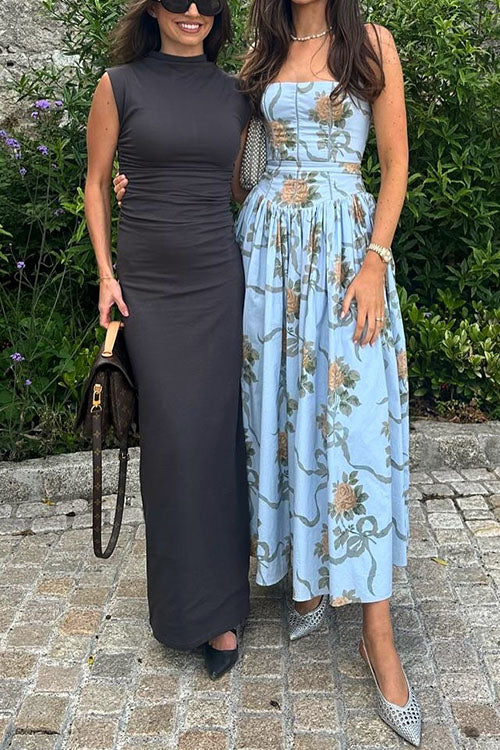 Rebadress Spaghetti Strap Waisted Floral Print A-line Maxi Dress