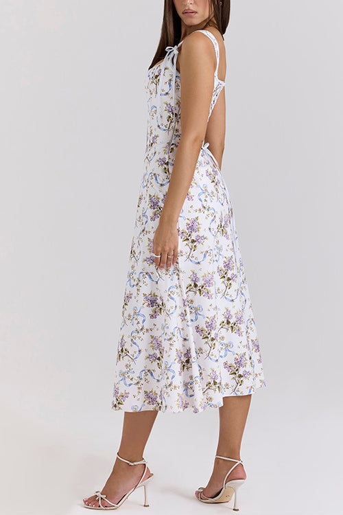 Rebadress Bow Shoulder Back Lace-up Floral Print Midi Cami Dress