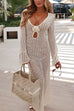 Rebadress V Neck Long Sleeves Backless Crochet Hollow Out Knit Maxi Dress