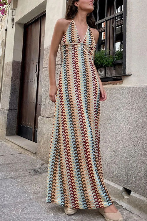 Rebadress Halter V Neck Backless Color Block Crochet Maxi Dress
