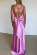 Rebadress V Neck Back Tie Bow Cut Out Satin Maxi Dress