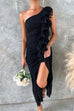 Rebadress One Shoulder Slit Ruched Ruffle Mesh Maxi Dress