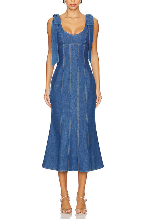 U Neck Bow Shoulder Back Zip Up Denim Midi Dress