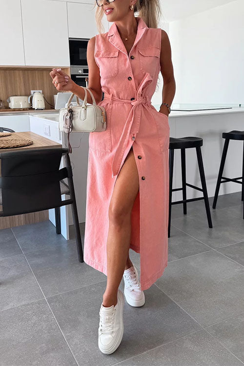 Rebadress Sleeveless Button Down Tie Waist Pocketed Denim Midi Dress