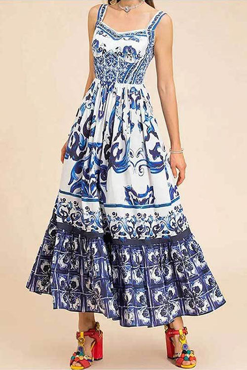 Rebadress V Neck Waisted Floral Print Swing Maxi Cami Dress