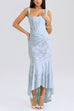 Rebadress Sleeveless Ruched Waist Ruffle Hem Jacquard Maxi Dress