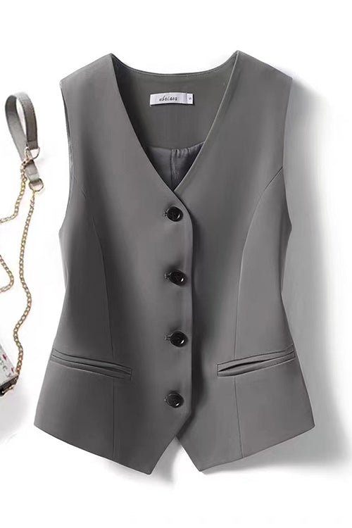 Rebadress V Neck Button Up Pocketed Blazer Vest