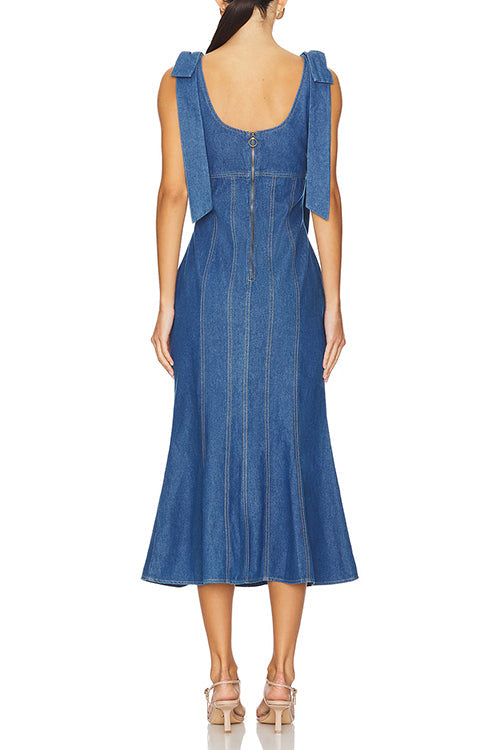 U Neck Bow Shoulder Back Zip Up Denim Midi Dress