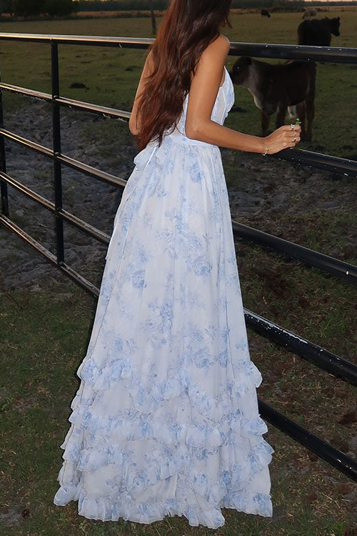 Rebadress Back Lace-up Ruffle Hem Slit Floral Print Maxi Cami Dress