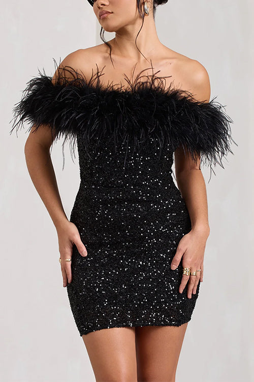 Rebadress Off Shoulder Feather Trim Sequin Mini Party Dress