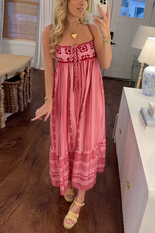 Rebadress Crochet Top Printed Flowy Ruffle Maxi Cami Dress