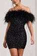 Rebadress Off Shoulder Feather Trim Sequin Mini Party Dress