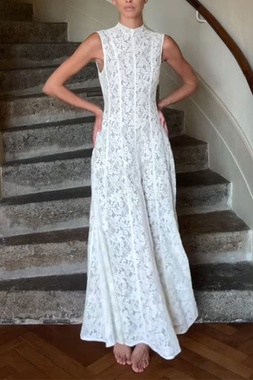 Rebadress Mockneck Sleeveless A-line Lace Maxi Dress