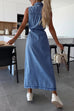 Rebadress Sleeveless Button Down Tie Waist Pocketed Denim Midi Dress