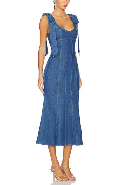 U Neck Bow Shoulder Back Zip Up Denim Midi Dress