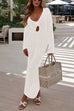 Rebadress V Neck Long Sleeves Backless Crochet Hollow Out Knit Maxi Dress
