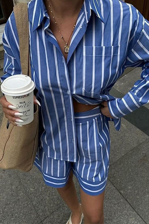 Rebadress Striped Long Sleeves Curve Hem Shirt and High Rise Shorts Set