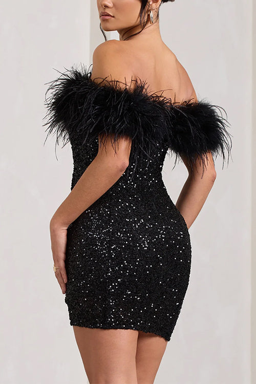 Rebadress Off Shoulder Feather Trim Sequin Mini Party Dress