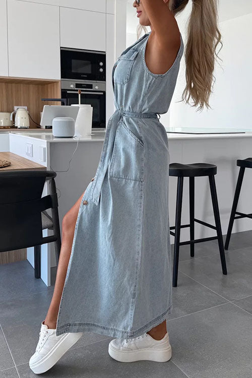 Rebadress Sleeveless Button Down Tie Waist Pocketed Denim Midi Dress