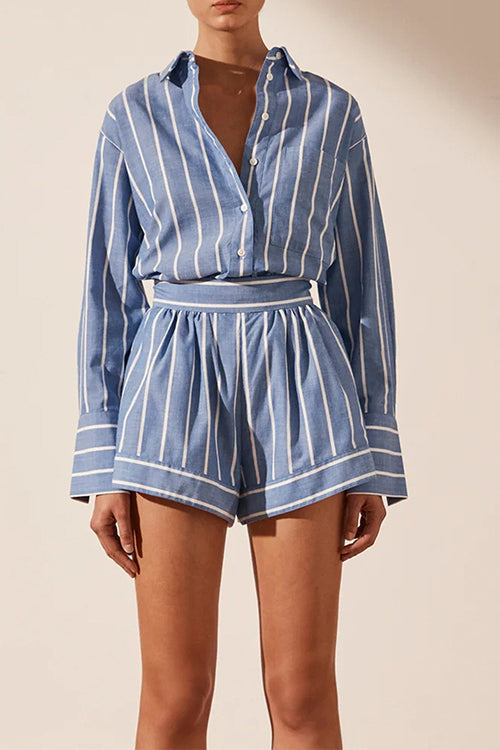 Rebadress Striped Long Sleeves Curve Hem Shirt and High Rise Shorts Set
