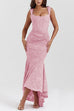 Rebadress Sleeveless Ruched Waist Ruffle Hem Jacquard Maxi Dress