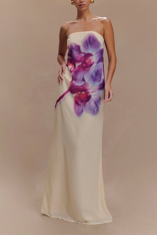 Rebadress Elegant Strapless Floral Print Maxi Dress
