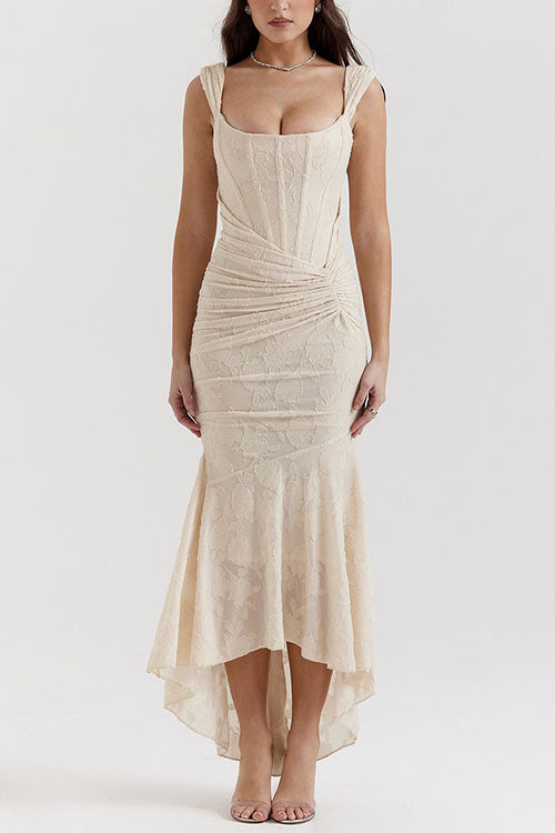 Rebadress Sleeveless Ruched Waist Ruffle Hem Jacquard Maxi Dress