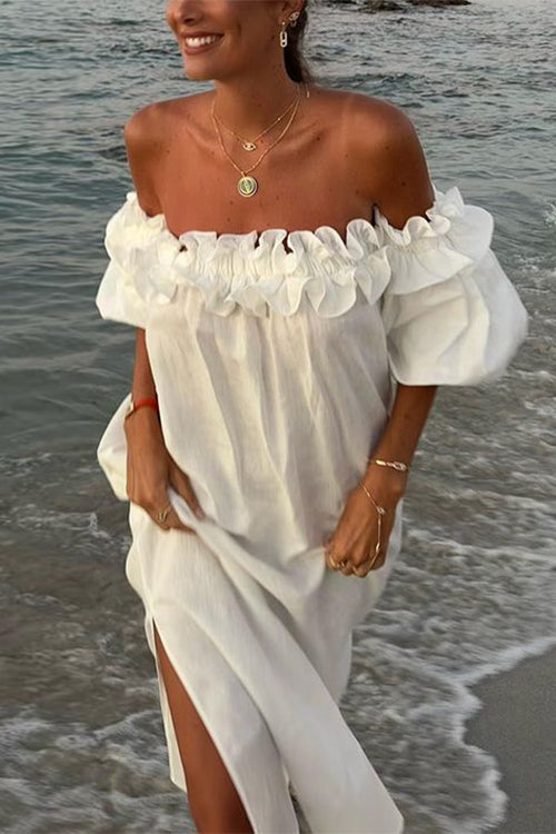 Rebadress Off Shoulder Ruffle Trim Slit Cotton Linen Maxi Vacation Dress