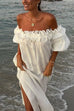 Rebadress Off Shoulder Ruffle Trim Slit Cotton Linen Maxi Vacation Dress