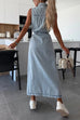Rebadress Sleeveless Button Down Tie Waist Pocketed Denim Midi Dress
