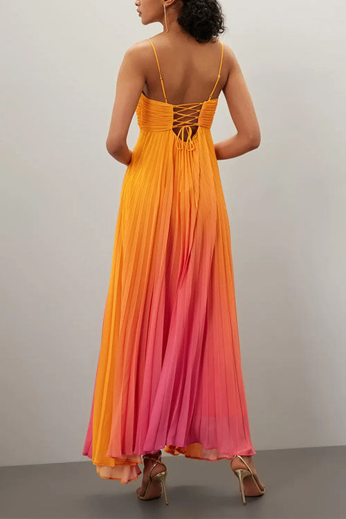 Spaghetti Strap Back Lace-up Gradient Pleated Maxi Dress