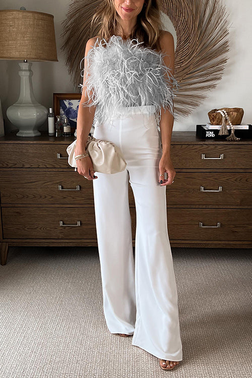 Rebadress Strapless Faux Feather Crop Top