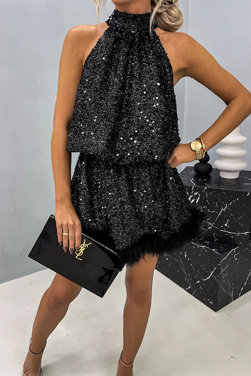 Rebadress Halter Sleeveless Feather Hem Sequin Dress