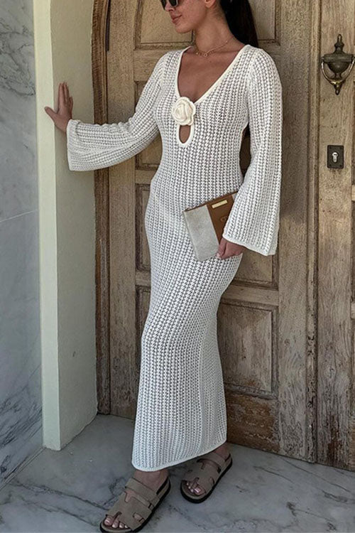 Rebadress V Neck Long Sleeves Backless Crochet Hollow Out Knit Maxi Dress