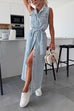 Rebadress Sleeveless Button Down Tie Waist Pocketed Denim Midi Dress