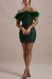 Rebadress Off Shoulder Feather Trim Sequin Mini Party Dress