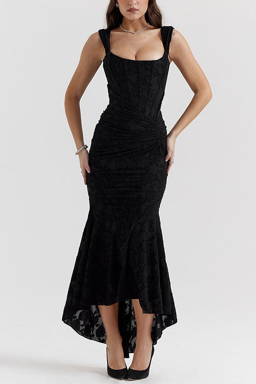 Rebadress Sleeveless Ruched Waist Ruffle Hem Jacquard Maxi Dress